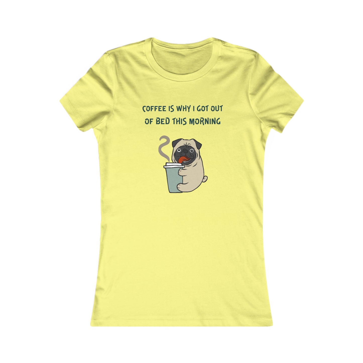 Yellow Printify t-shirt with cartoon pug holding coffee cup and coffee and tees text
