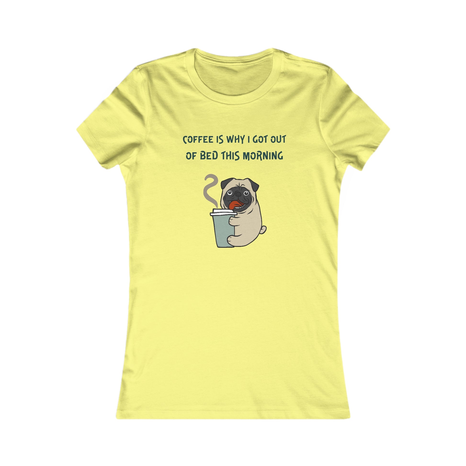 Yellow Printify t-shirt with cartoon pug holding coffee cup and coffee and tees text