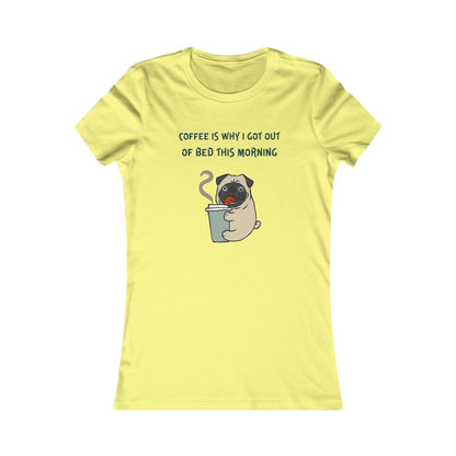 Yellow Printify t-shirt with cartoon pug holding coffee cup and coffee and tees text