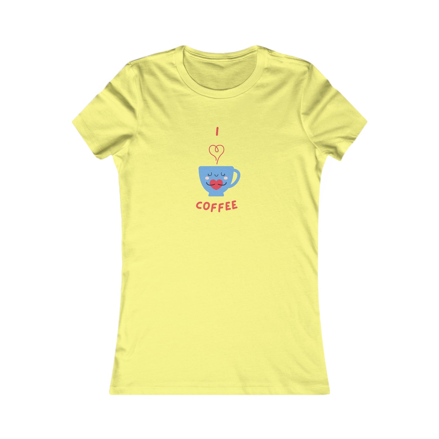 Yellow Printify T-shirt with cute blue coffee cup design saying I love coffee and tees