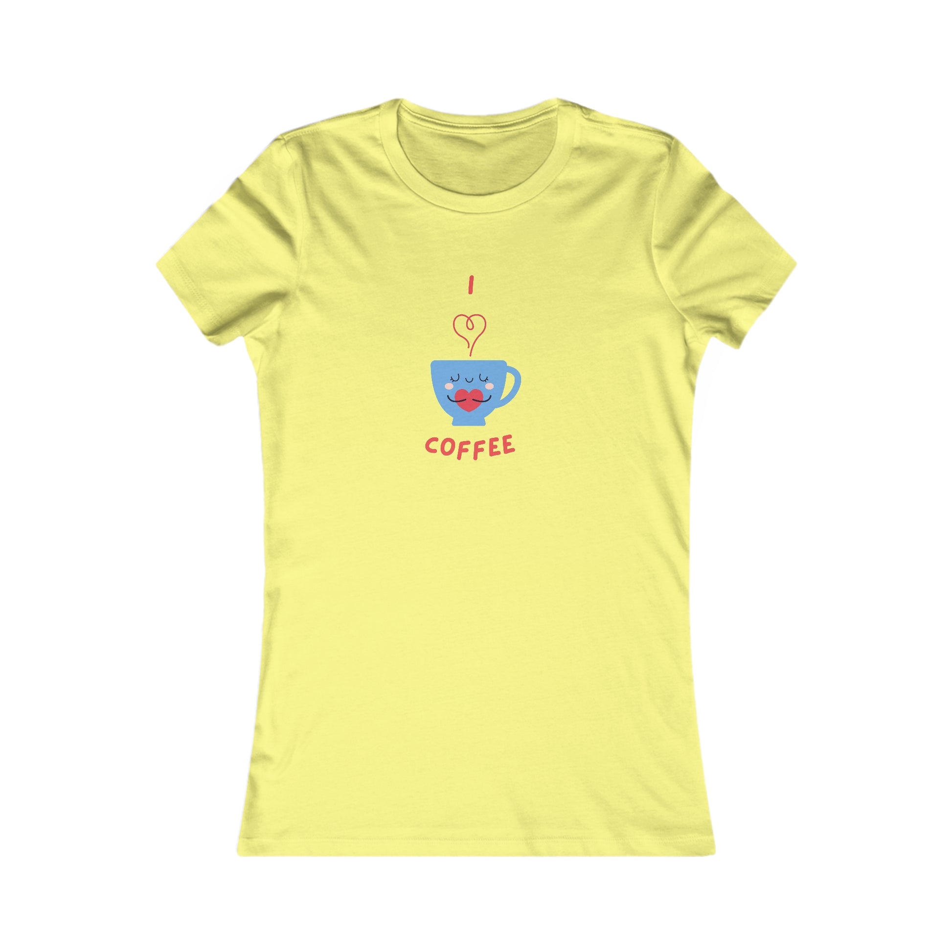 Yellow Printify T-shirt with cute blue coffee cup design saying I love coffee and tees