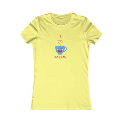 Yellow Printify T-shirt with cute blue coffee cup design saying I love coffee and tees