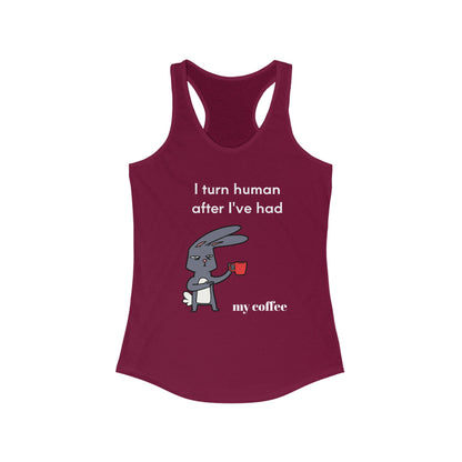 Maroon Printify tank top with coffee and tees design featuring a cartoon rabbit holding a coffee cup