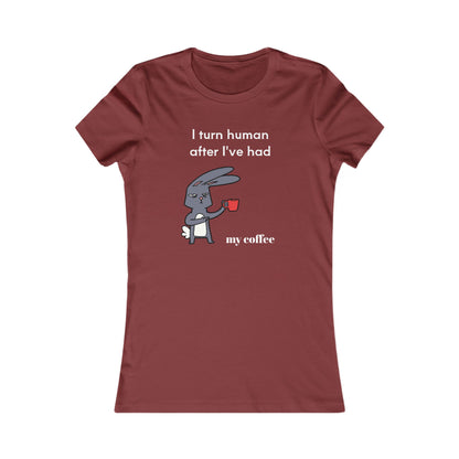 Printify coffee and tees maroon T-shirt with cartoon rabbit and coffee quote graphic