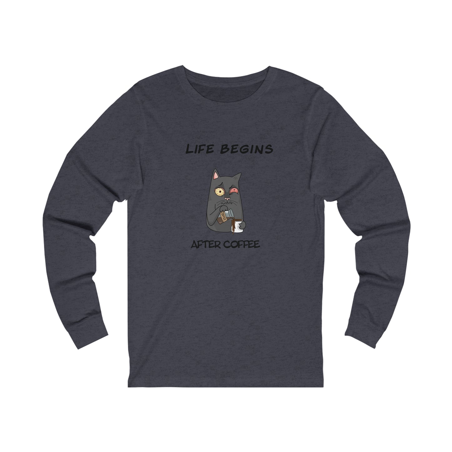 Printify long-sleeve shirt with cat graphic and coffee theme featuring coffee and tees design