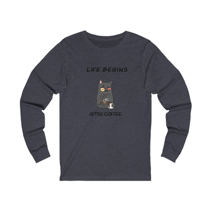 Printify long-sleeve shirt with cat graphic and coffee theme featuring coffee and tees design