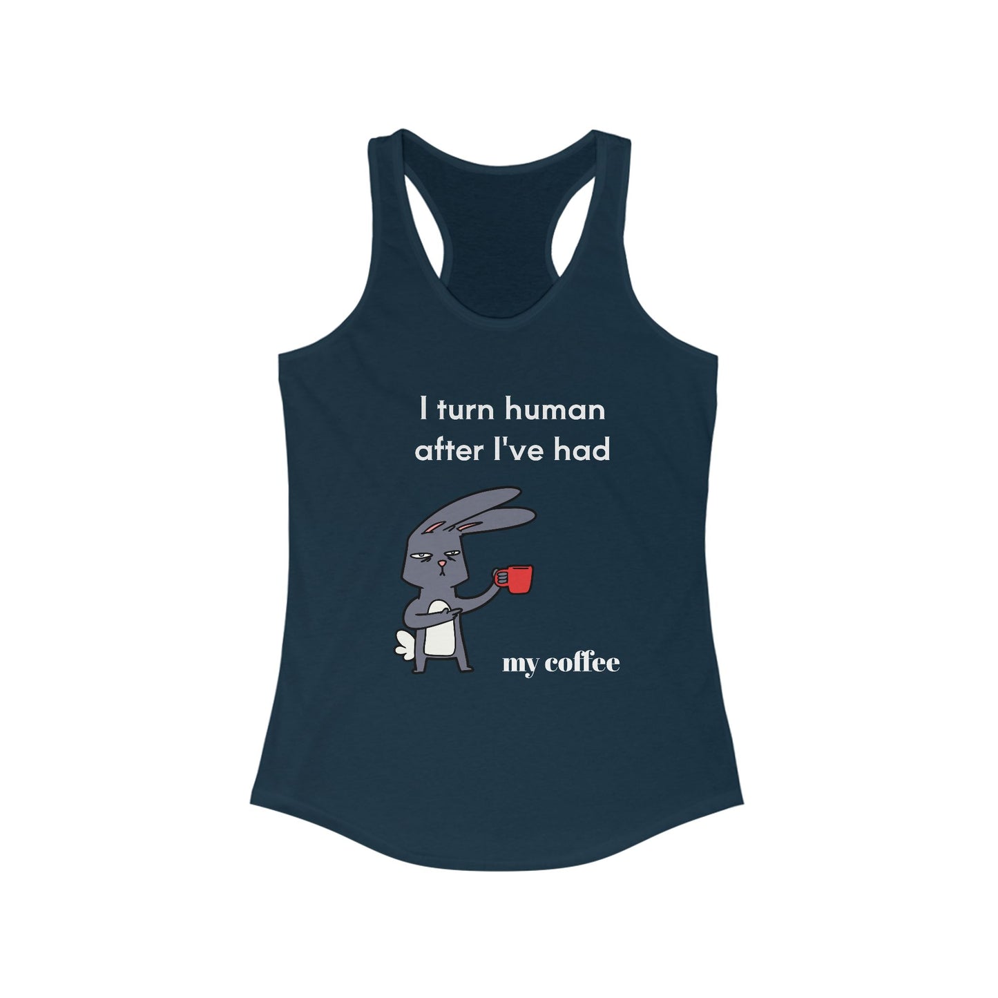 Printify coffee and tees navy tank top with funny bunny holding red coffee cup design