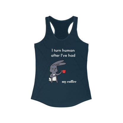 Printify coffee and tees navy tank top with funny bunny holding red coffee cup design