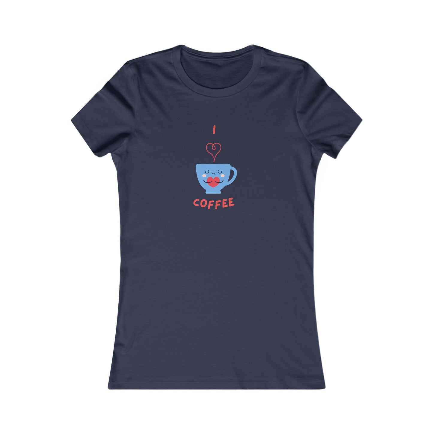 Printify navy t-shirt with cute coffee cup design and I love coffee text for coffee and tees lovers