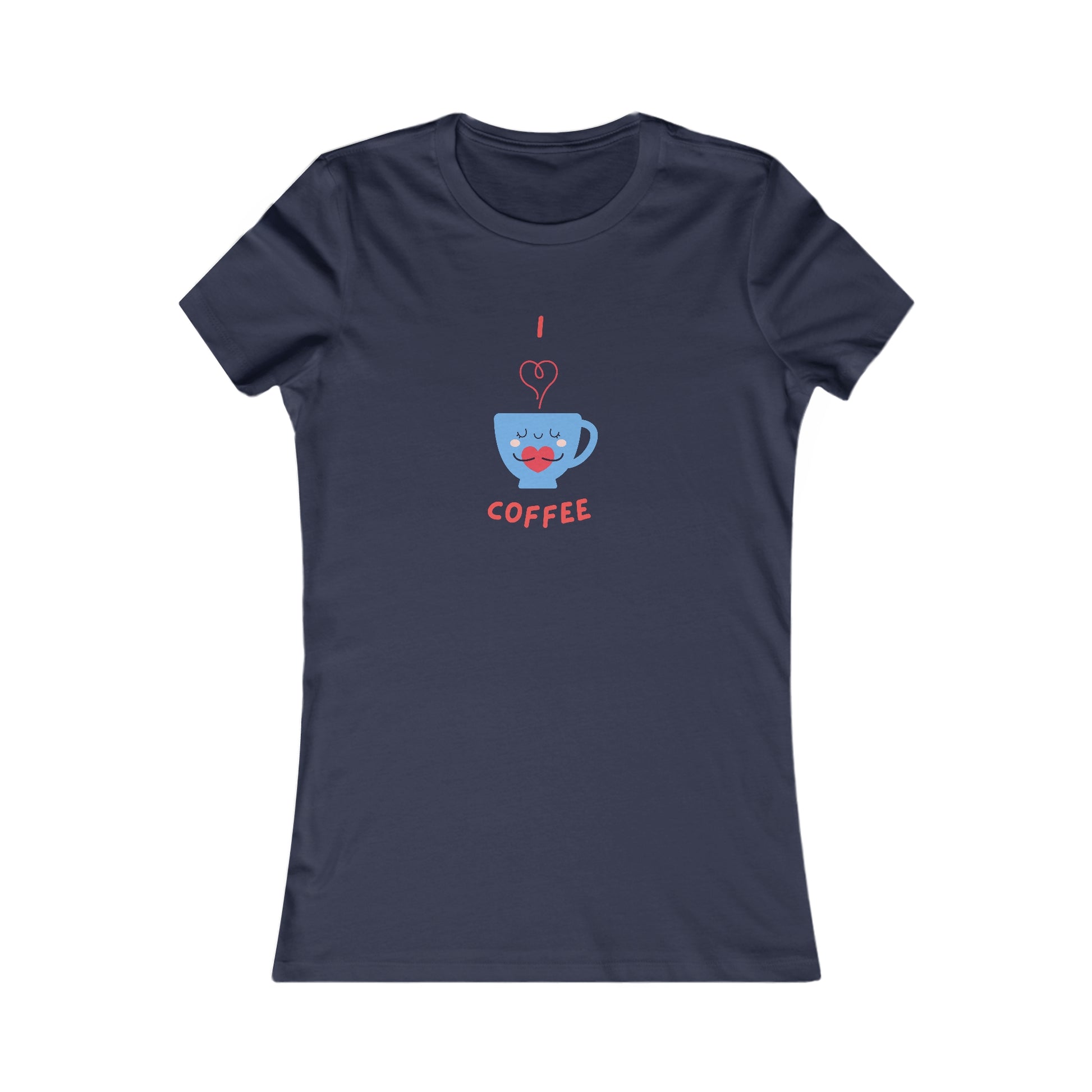 Printify navy t-shirt with cute coffee cup design and I love coffee text for coffee and tees lovers