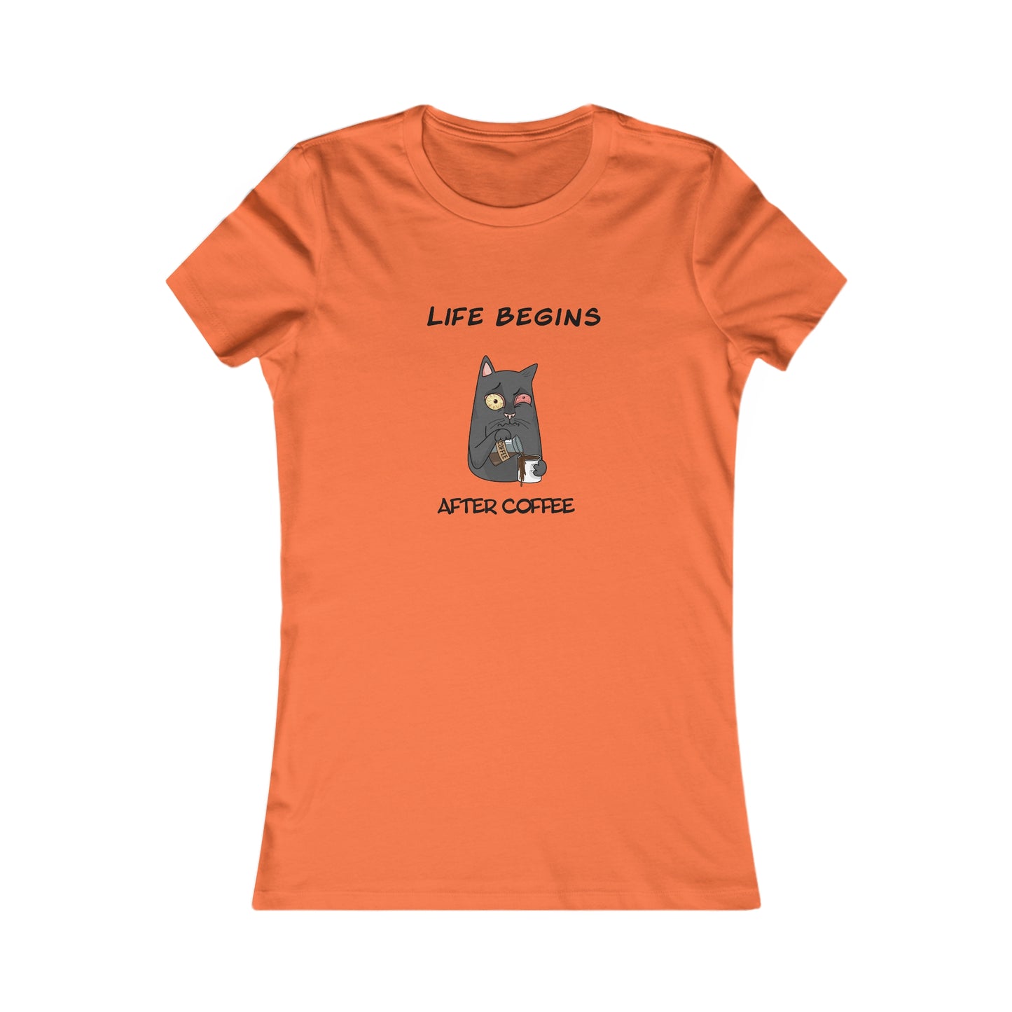 Orange Printify T-Shirt with Life Begins After Coffee cat graphic coffee and tees design
