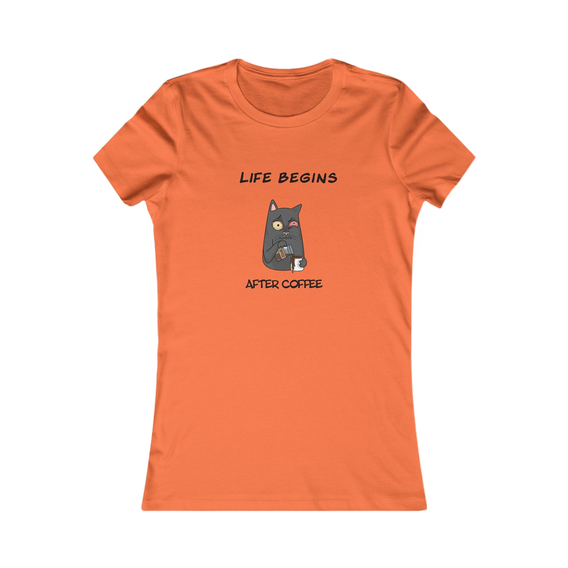 Orange Printify T-Shirt with Life Begins After Coffee cat graphic coffee and tees design