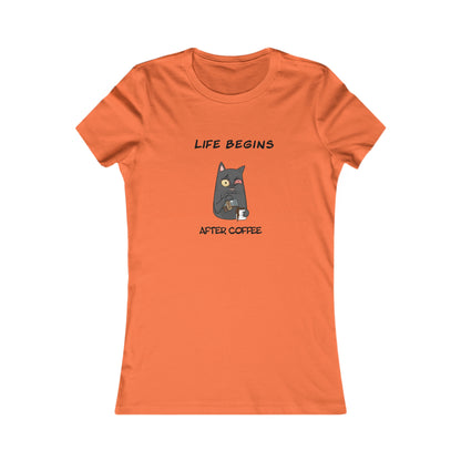 Orange Printify T-Shirt with Life Begins After Coffee cat graphic coffee and tees design
