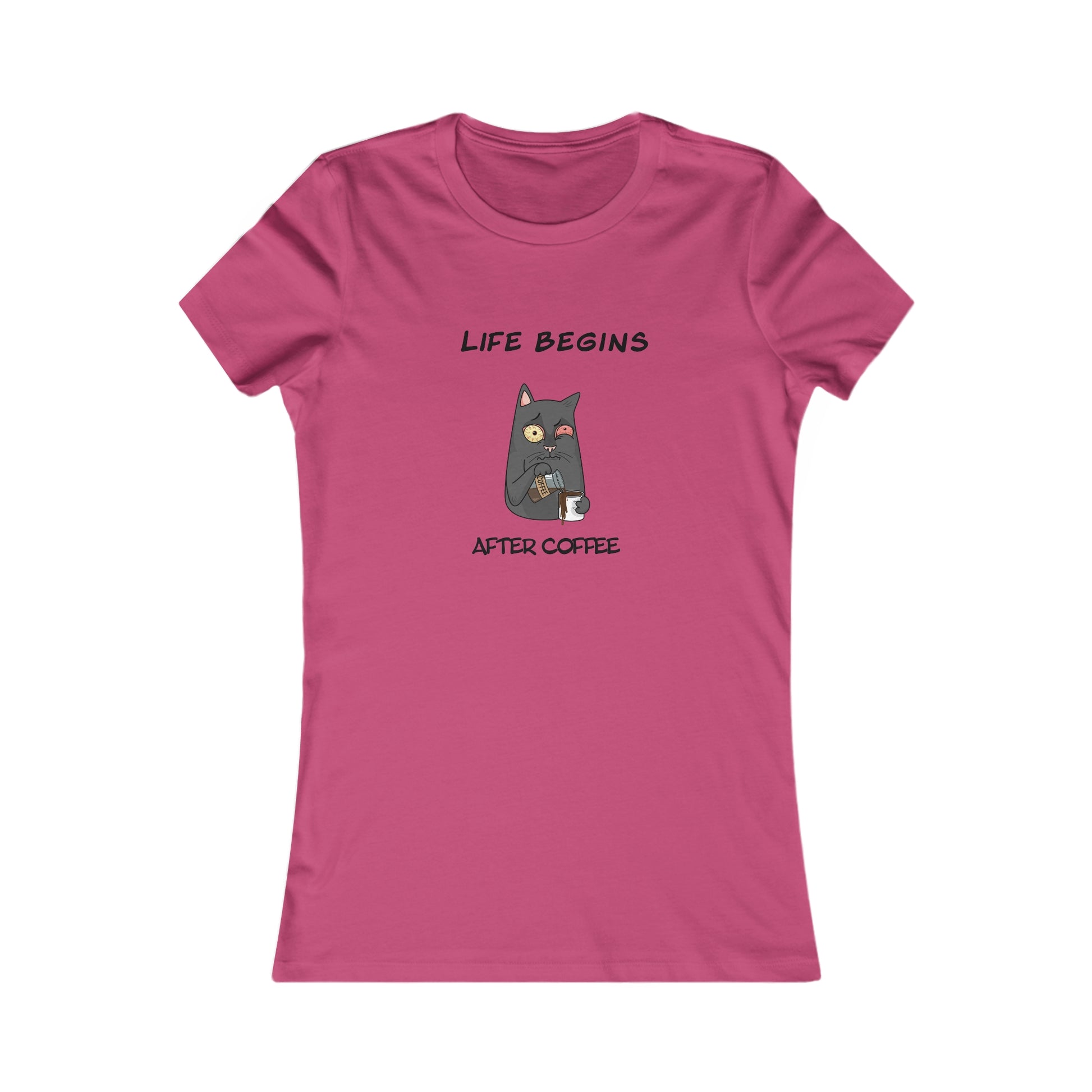 Pink Printify t-shirt with cat holding coffee and text Life Begins After Coffee coffee and tees design