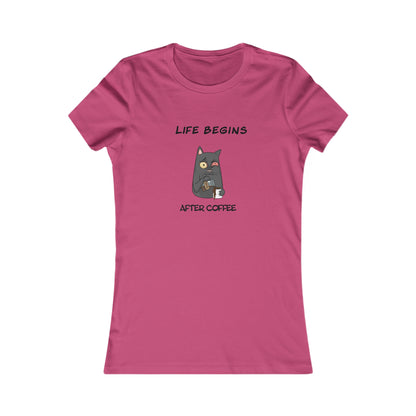 Pink Printify t-shirt with cat holding coffee and text Life Begins After Coffee coffee and tees design
