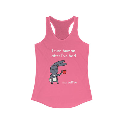 Pink Printify tank top with a cartoon bunny holding a coffee cup and coffee and tees text design