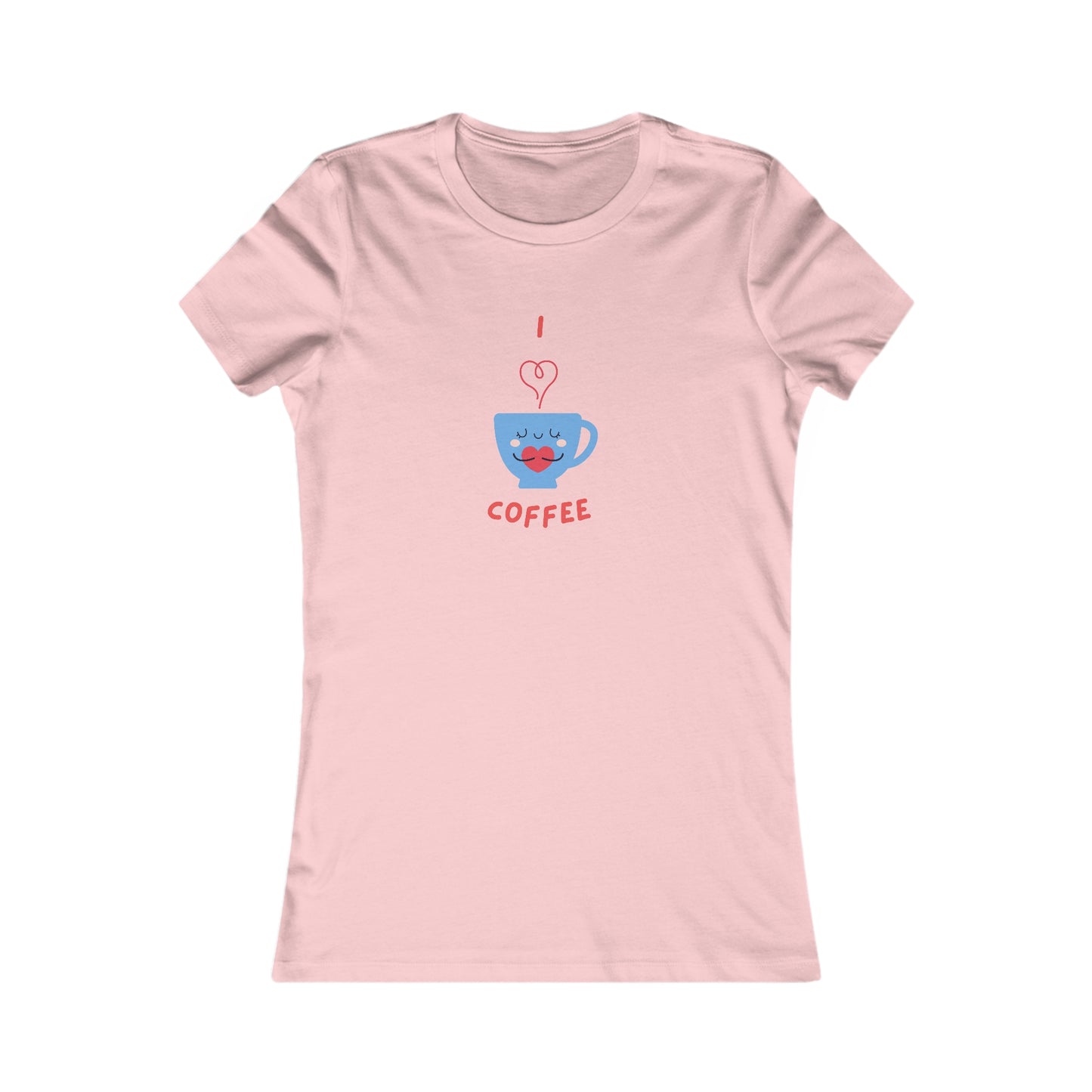 Pink Printify T-shirt with I love coffee design featuring a blue coffee cup with a heart steam for coffee and tees lovers