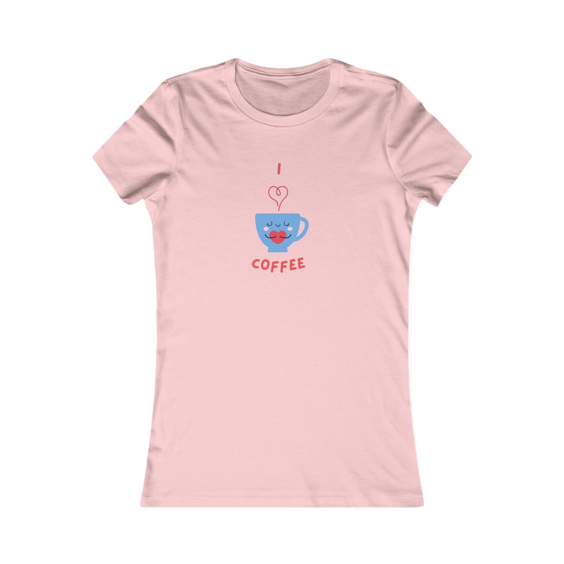 Pink Printify T-shirt with I love coffee design featuring a blue coffee cup with a heart steam for coffee and tees lovers