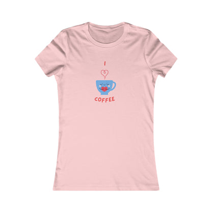 Pink Printify T-shirt with I love coffee design featuring a blue coffee cup with a heart steam for coffee and tees lovers
