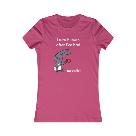 Pink Printify T-shirt with funny coffee and tees design of bunny holding a red coffee cup