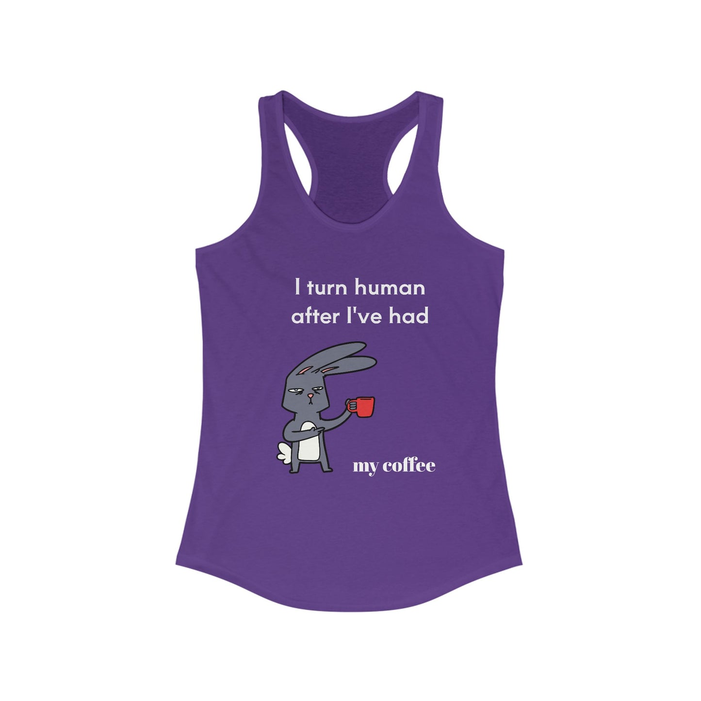 Purple Printify tank top with funny coffee bunny design and coffee and tees slogan