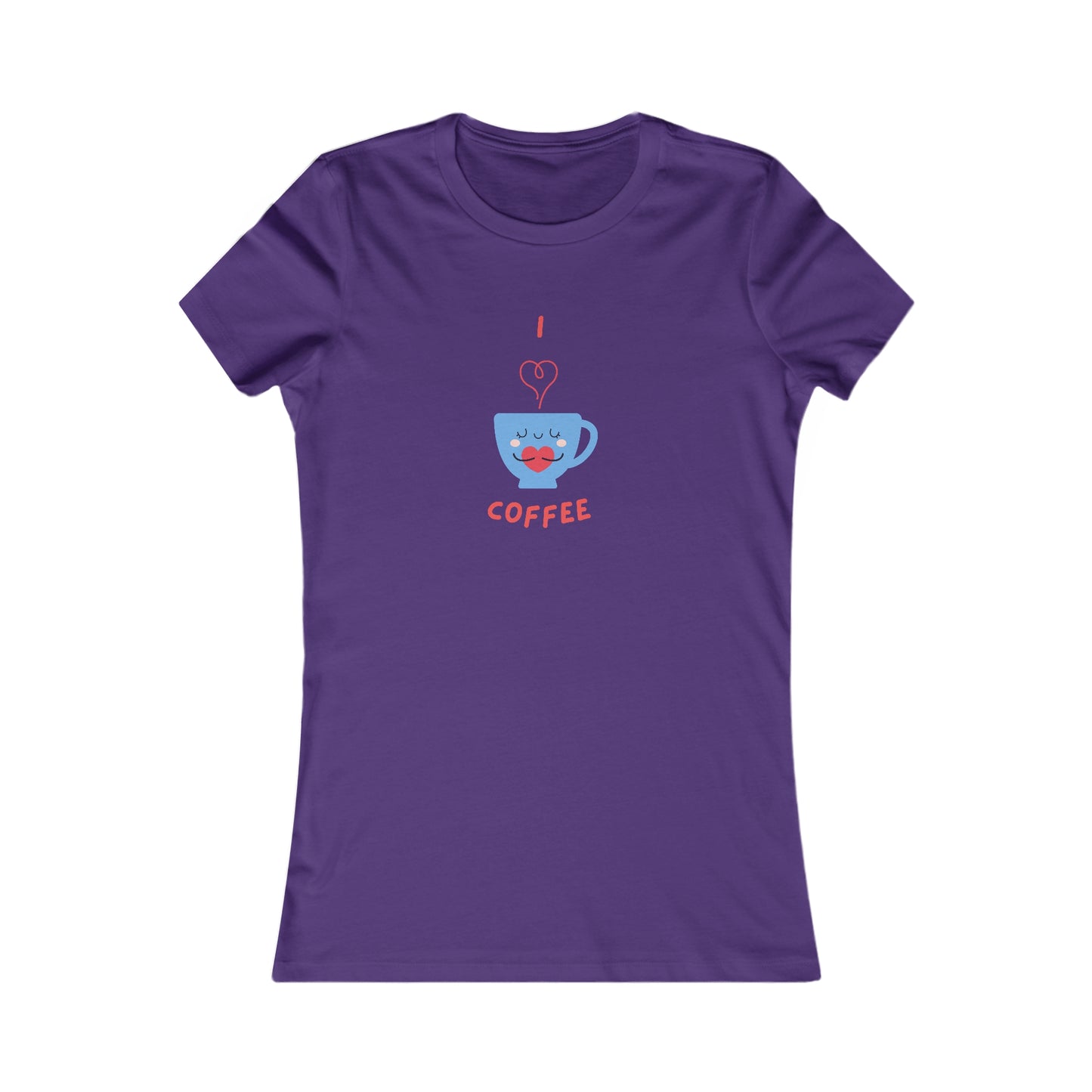 Purple Printify T-shirt with cute blue coffee cup graphic and I love coffee text for coffee and tees fans