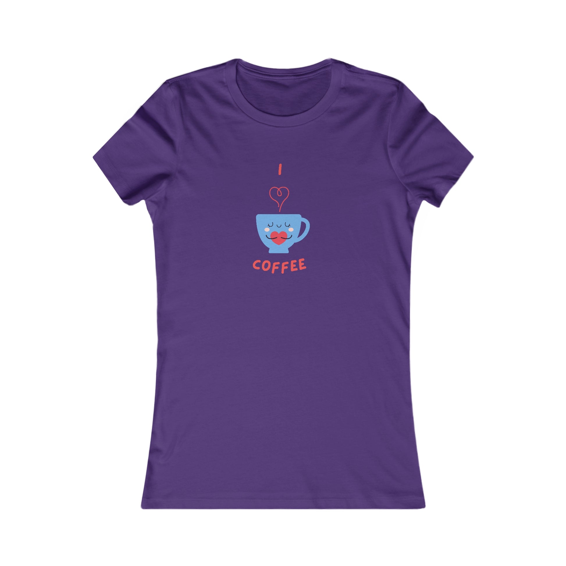 Purple Printify T-shirt with cute blue coffee cup graphic and I love coffee text for coffee and tees fans