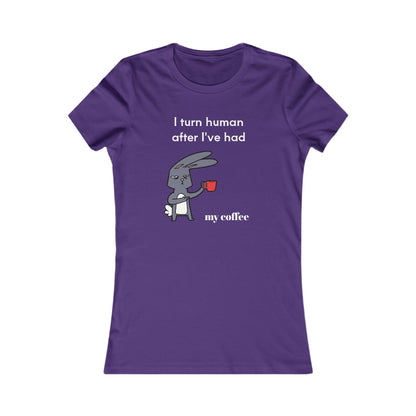 Purple Printify T-Shirt with cartoon rabbit holding coffee cup and coffee and tees slogan