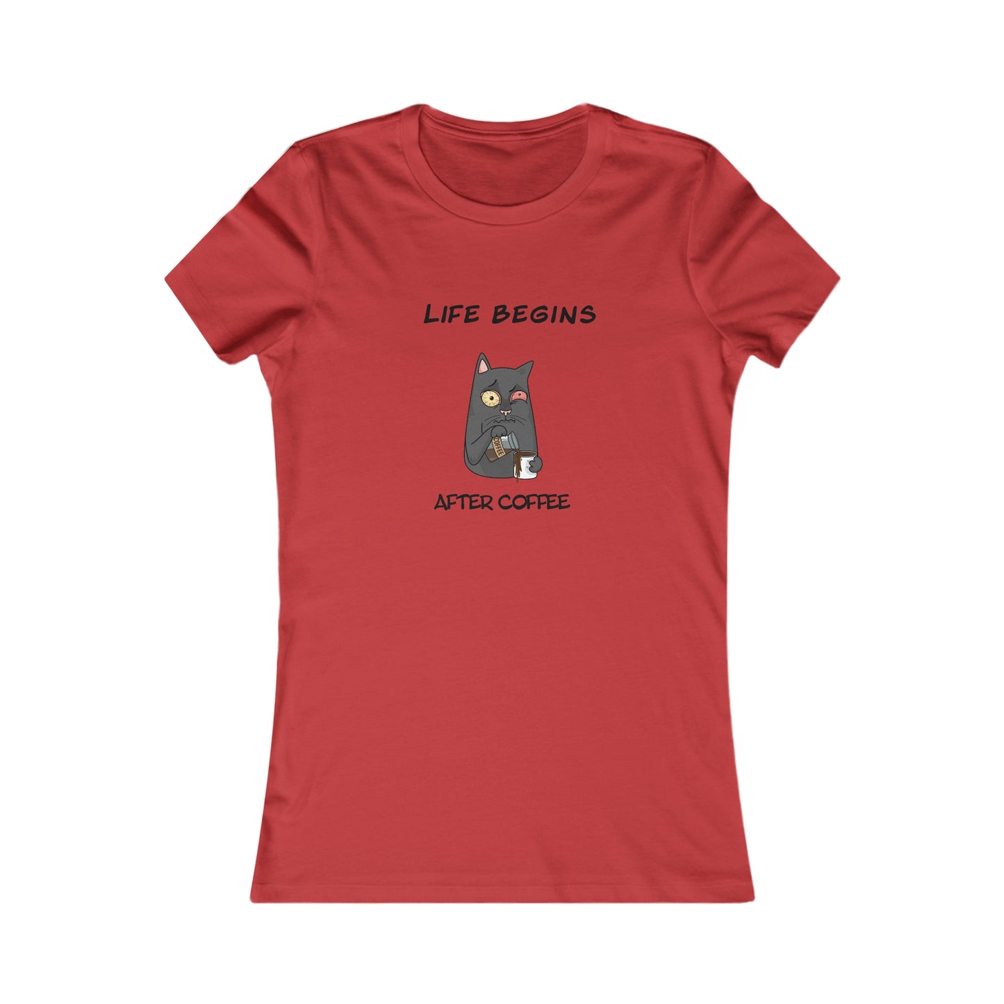 Red Printify T-shirt with cat holding coffee cup and text Life Begins After Coffee coffee and tees design