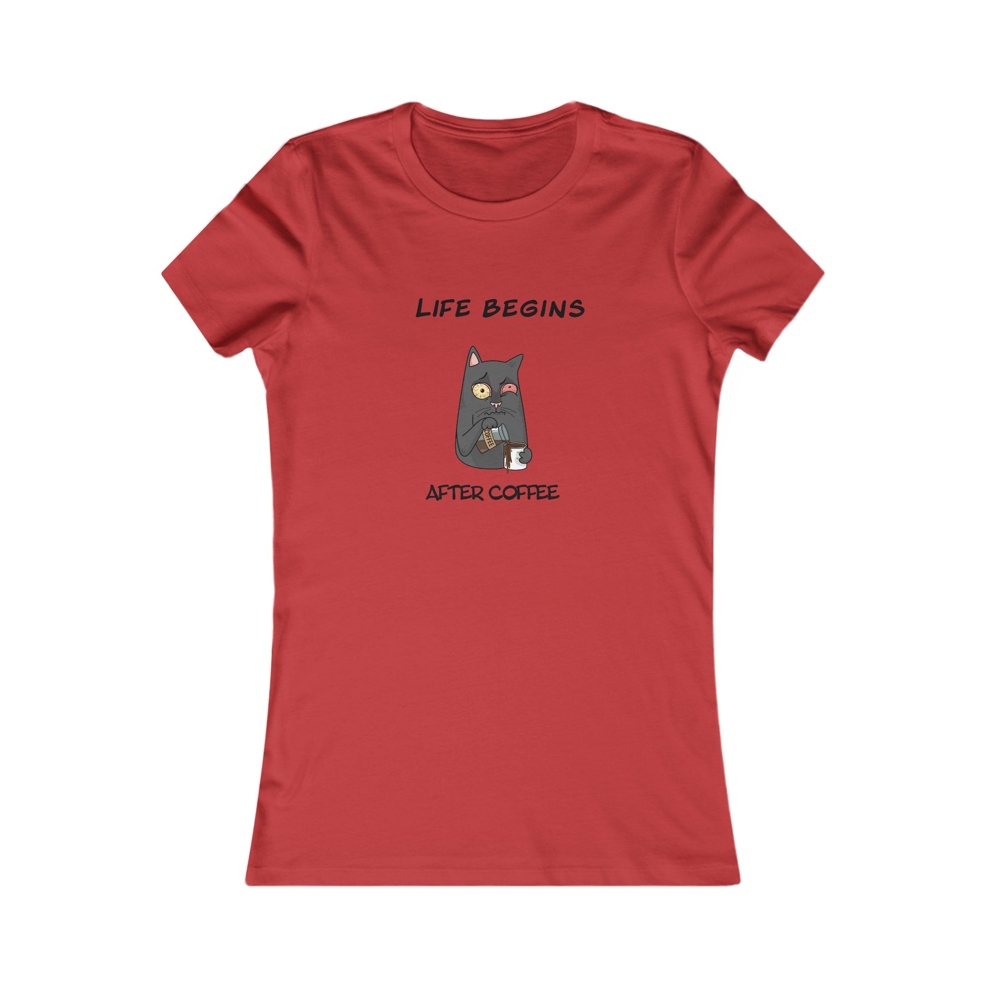 Red Printify T-shirt with cat holding coffee cup and text Life Begins After Coffee coffee and tees design