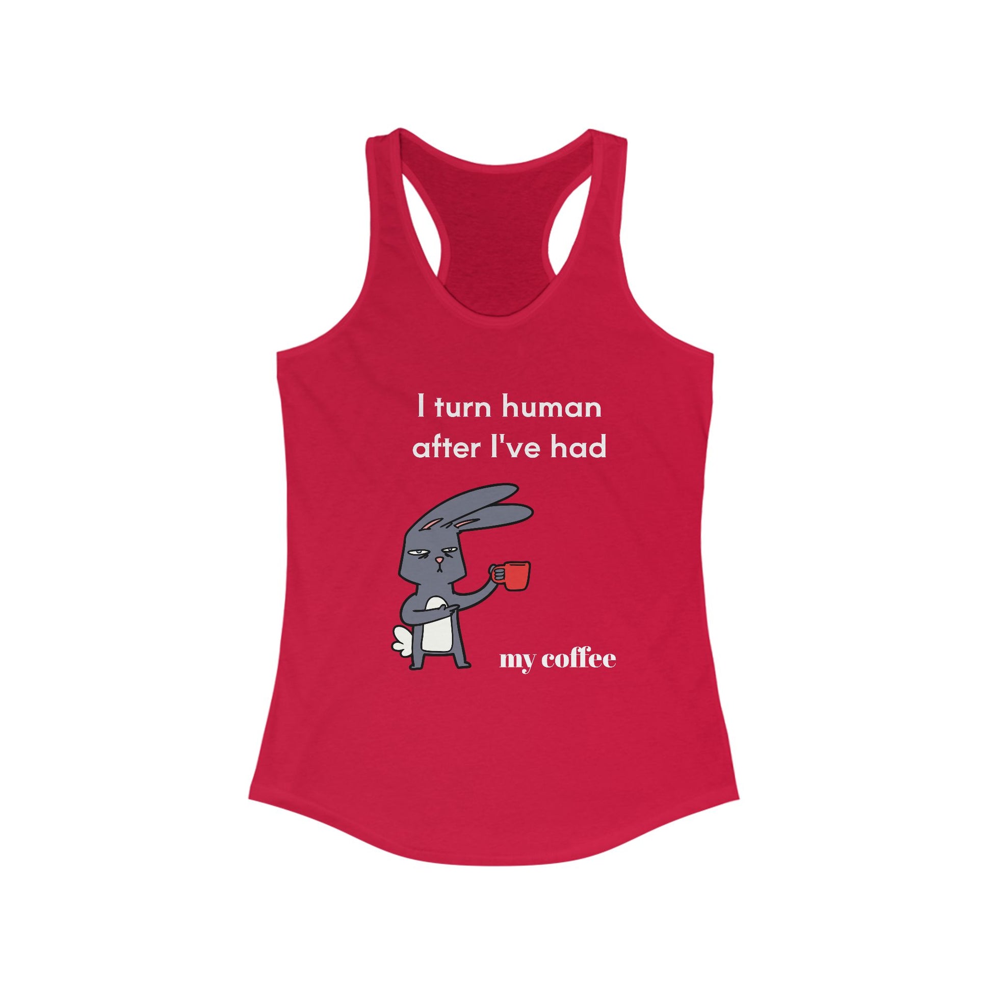 Red Printify tank top with funny coffee and tees design featuring a sleepy rabbit holding a coffee cup