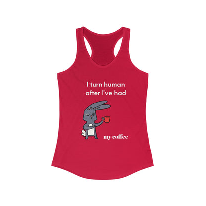 Red Printify tank top with funny coffee and tees design featuring a sleepy rabbit holding a coffee cup