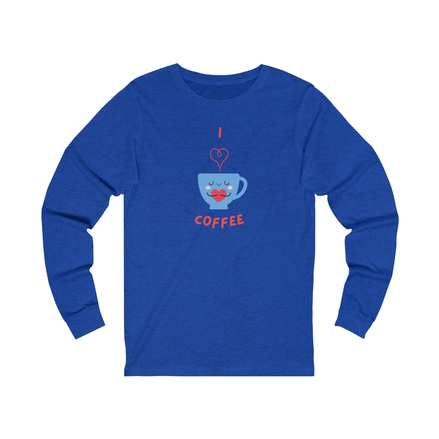 Printify blue long-sleeve shirt with I love coffee cup graphic for coffee and tees lovers