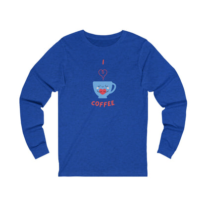 Printify blue long-sleeve shirt with I love coffee cup graphic for coffee and tees lovers