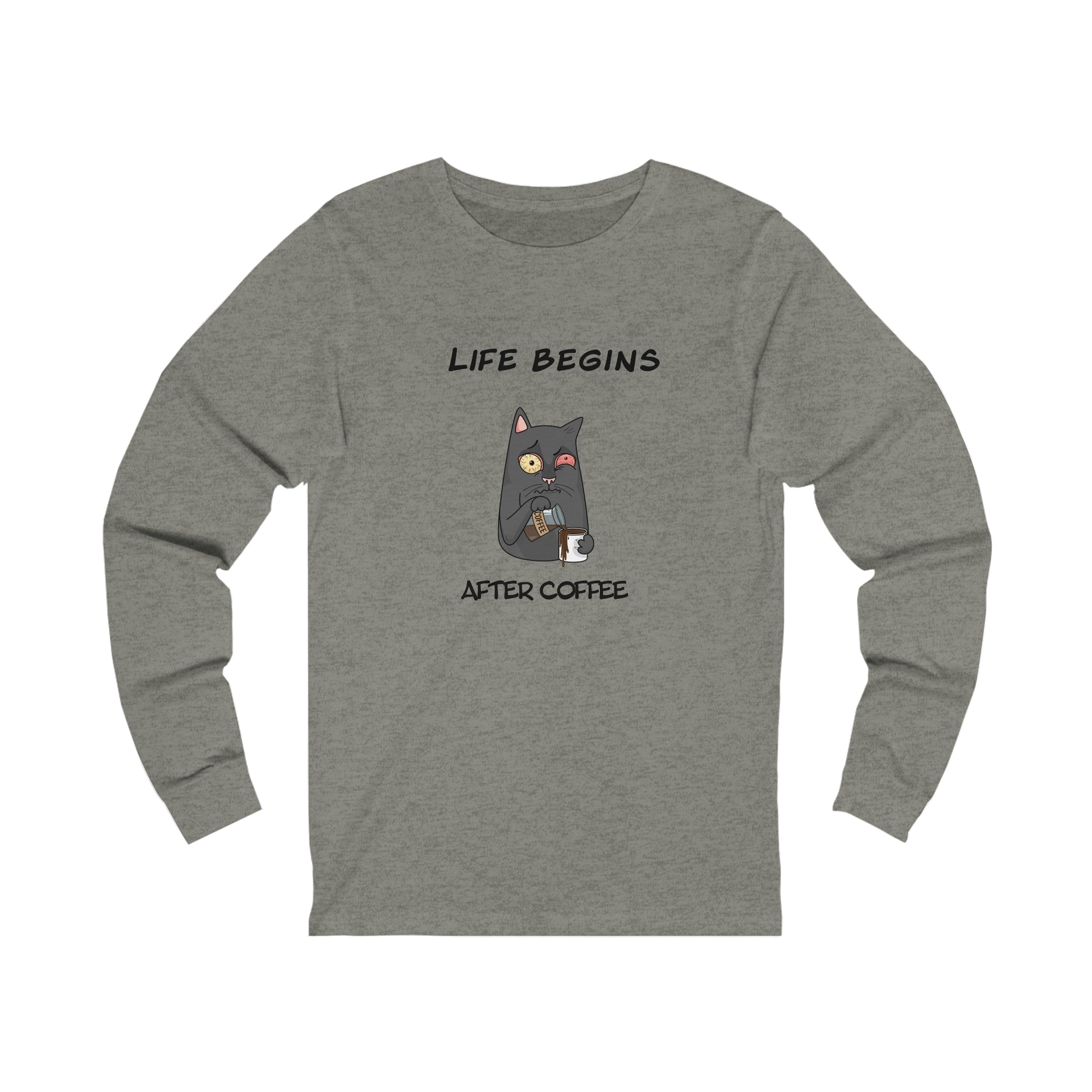 Printify gray long-sleeve shirt with cartoon cat and coffee design featuring coffee and tees