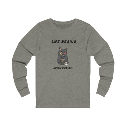 Printify gray long-sleeve shirt with cartoon cat and coffee design featuring coffee and tees