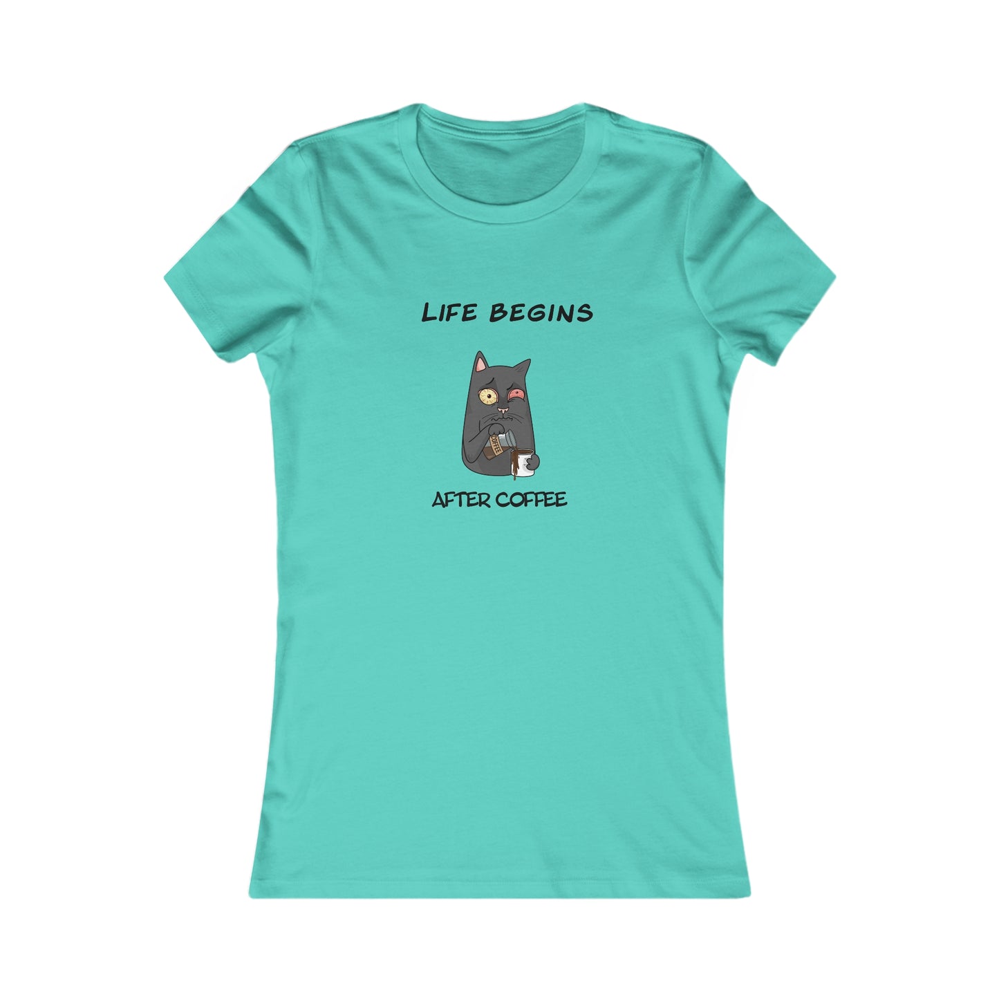 Turquoise Printify T-shirt with life begins after coffee cat graphic for coffee and tees lovers