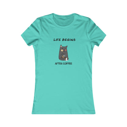 Turquoise Printify T-shirt with life begins after coffee cat graphic for coffee and tees lovers