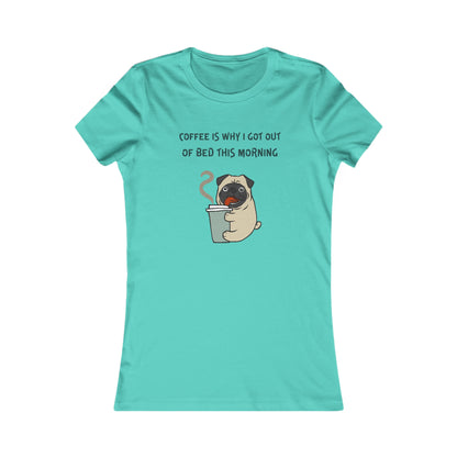 Printify turquoise T-shirt with cute pug holding coffee and text coffee and tees