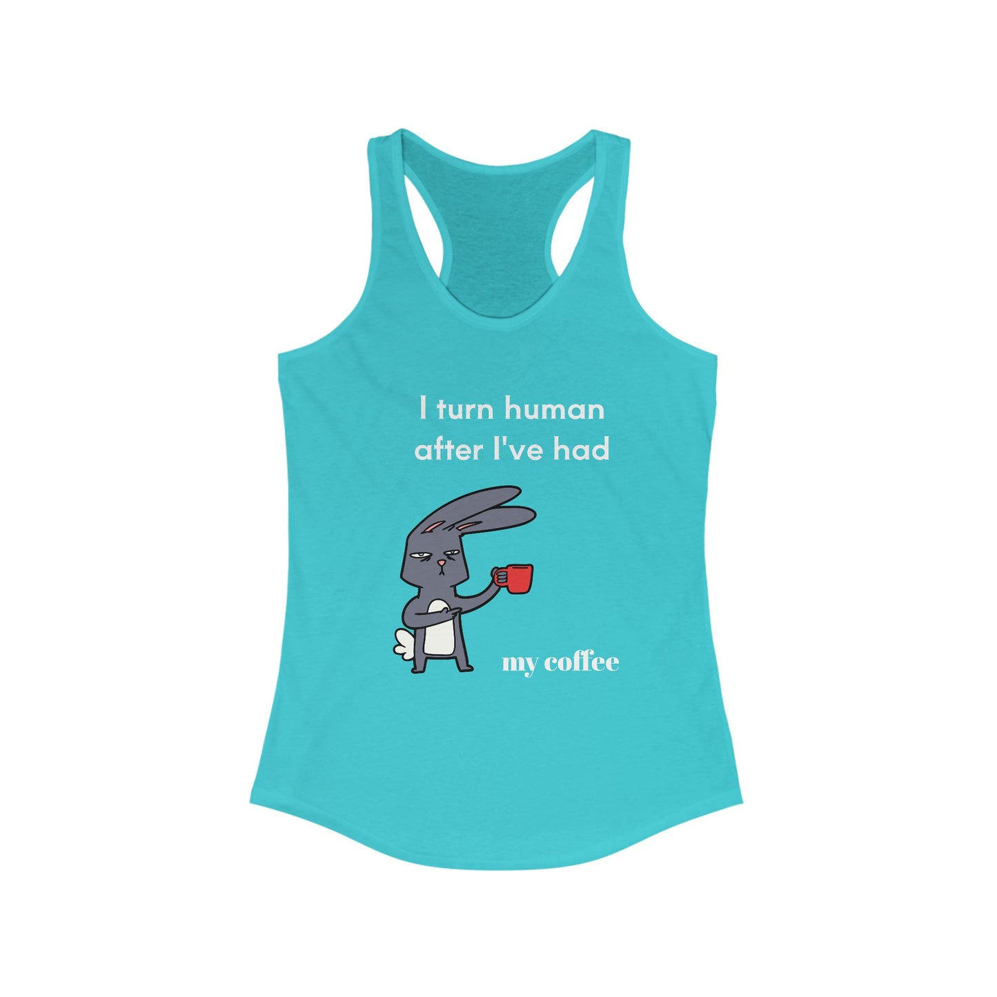 Light blue Printify tank top with coffee and tees design featuring a cartoon rabbit holding a red coffee cup