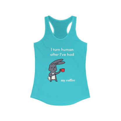 Light blue Printify tank top with coffee and tees design featuring a cartoon rabbit holding a red coffee cup