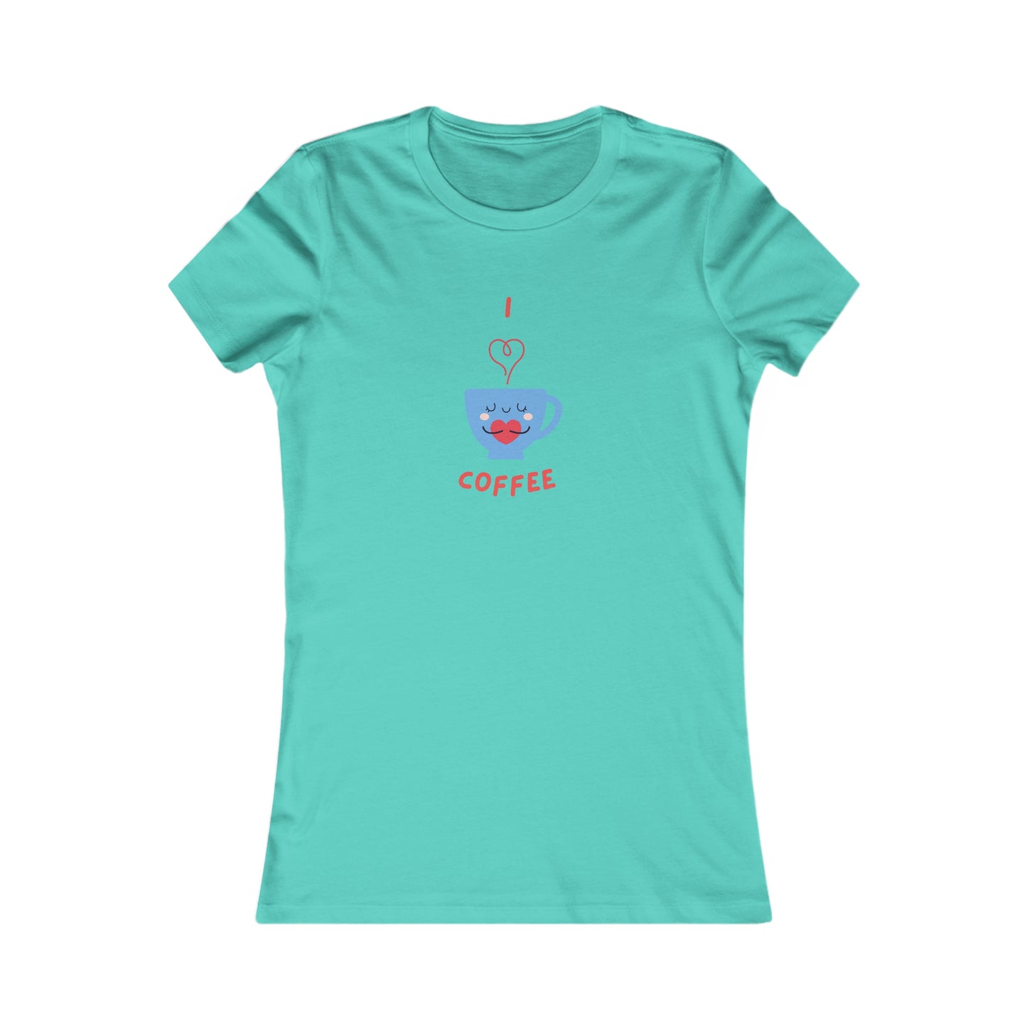 Printify turquoise t-shirt with cute coffee cup graphic and I love coffee text, coffee and tees