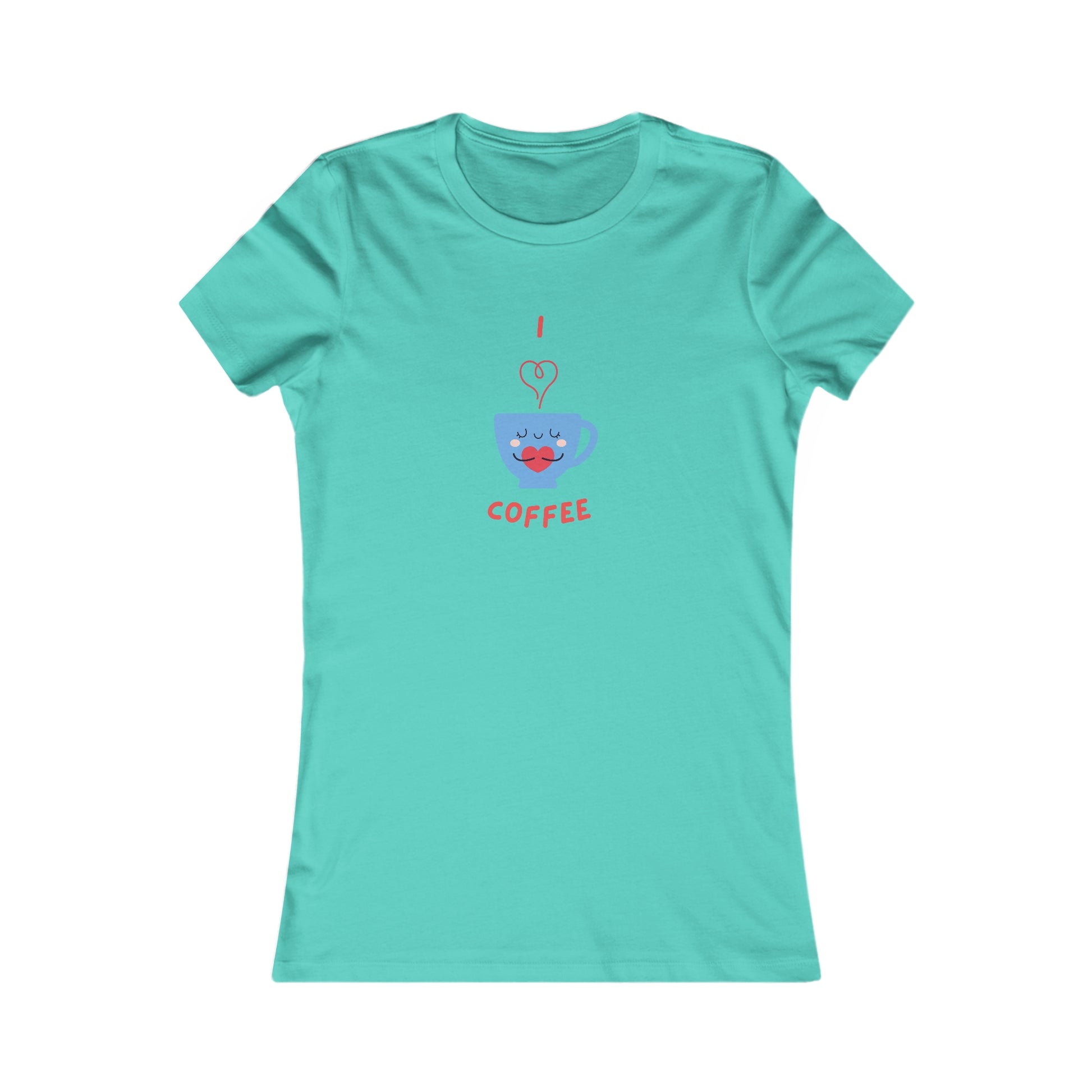 Printify turquoise t-shirt with cute coffee cup graphic and I love coffee text, coffee and tees