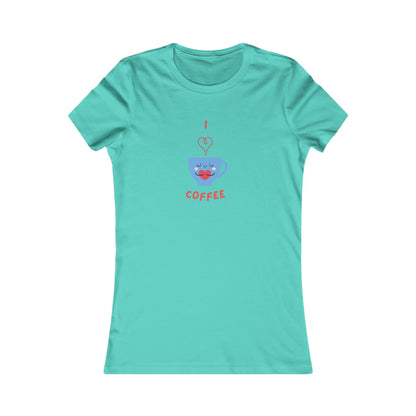 Printify turquoise t-shirt with cute coffee cup graphic and I love coffee text, coffee and tees