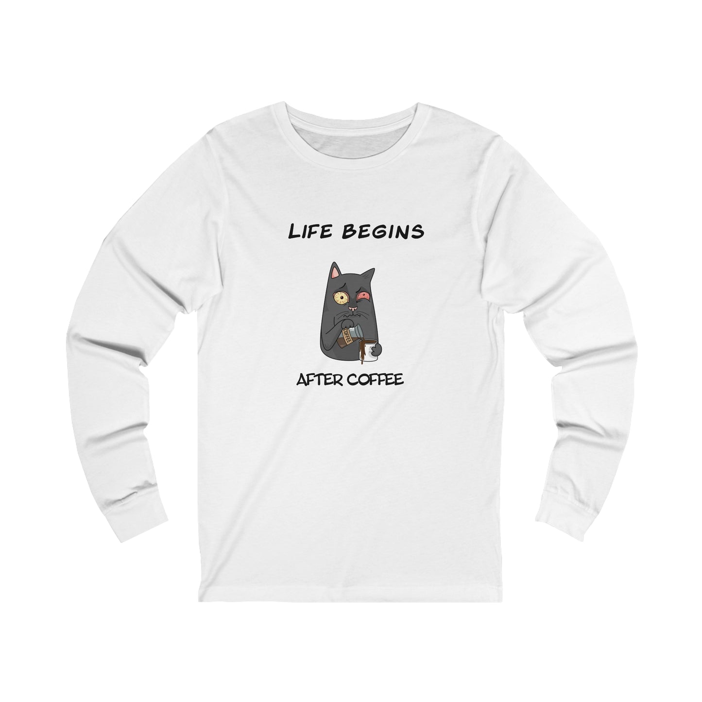 White Printify long-sleeve shirt with a black cat graphic and Life Begins After Coffee text coffee and tees