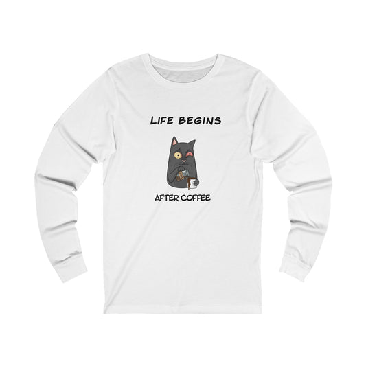 White Printify long-sleeve shirt with a black cat graphic and Life Begins After Coffee text coffee and tees