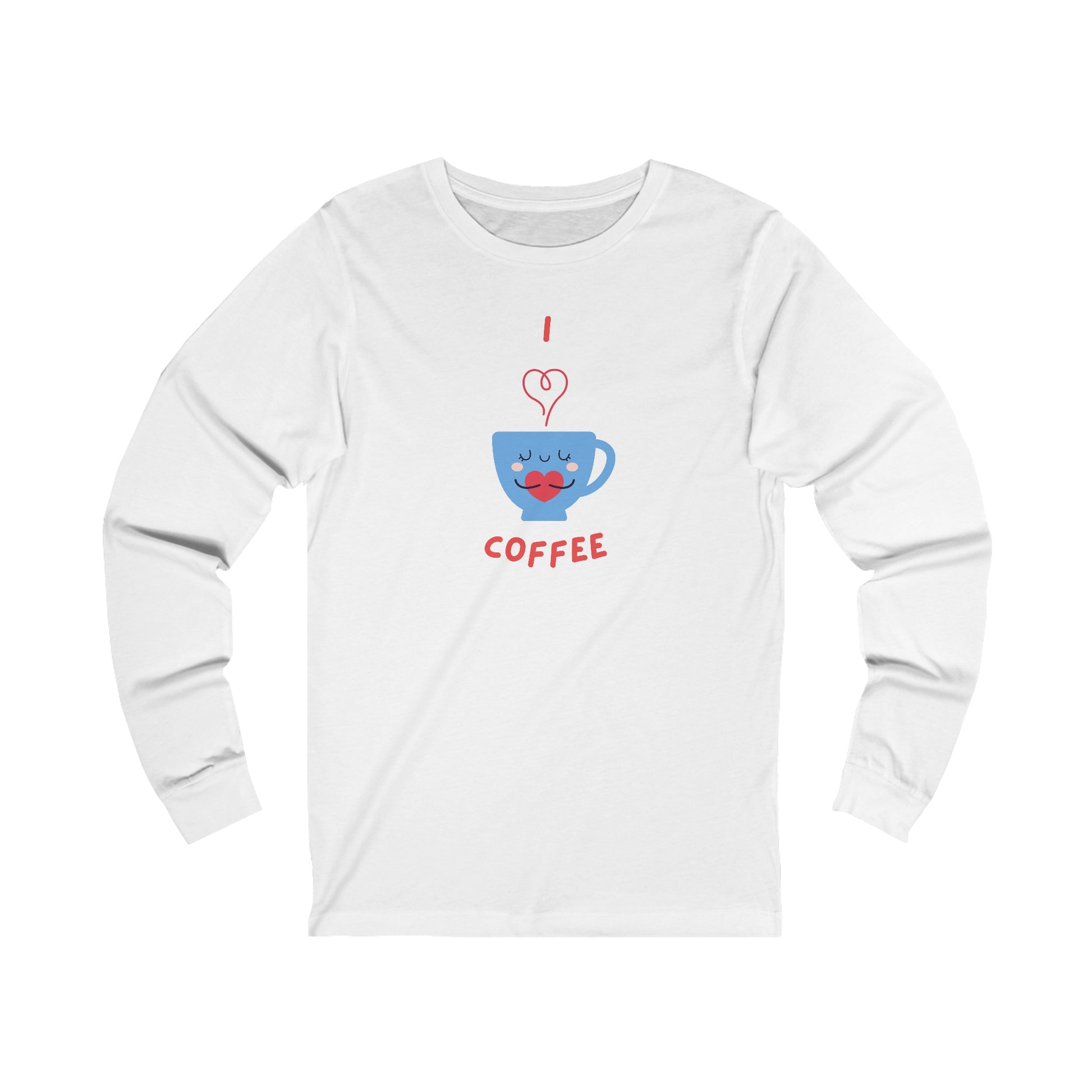 Printify long-sleeve white shirt with cute coffee cup graphic and coffee and tees design