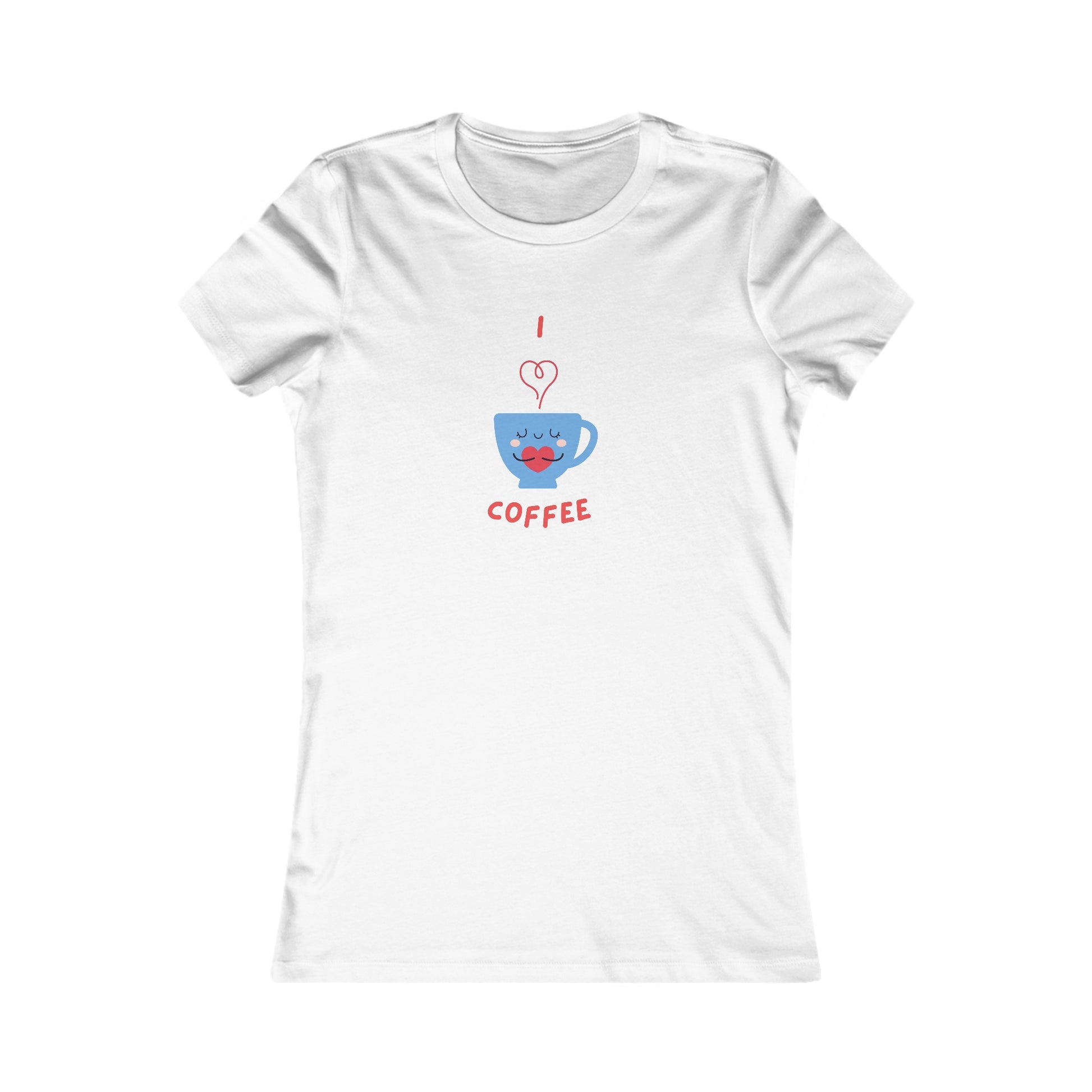 White Printify T-shirt with cute blue coffee cup design and I love coffee text coffee and tees