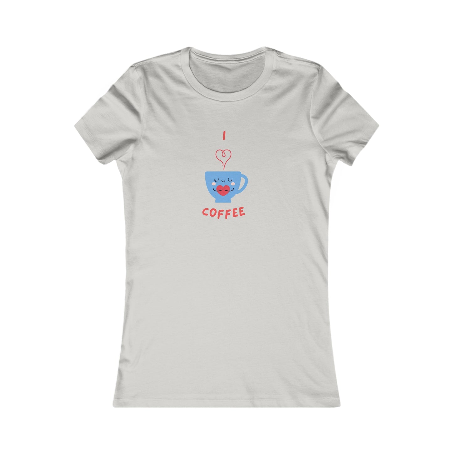 Printify white t-shirt with cute blue coffee cup and red I love coffee design for coffee and tees lovers