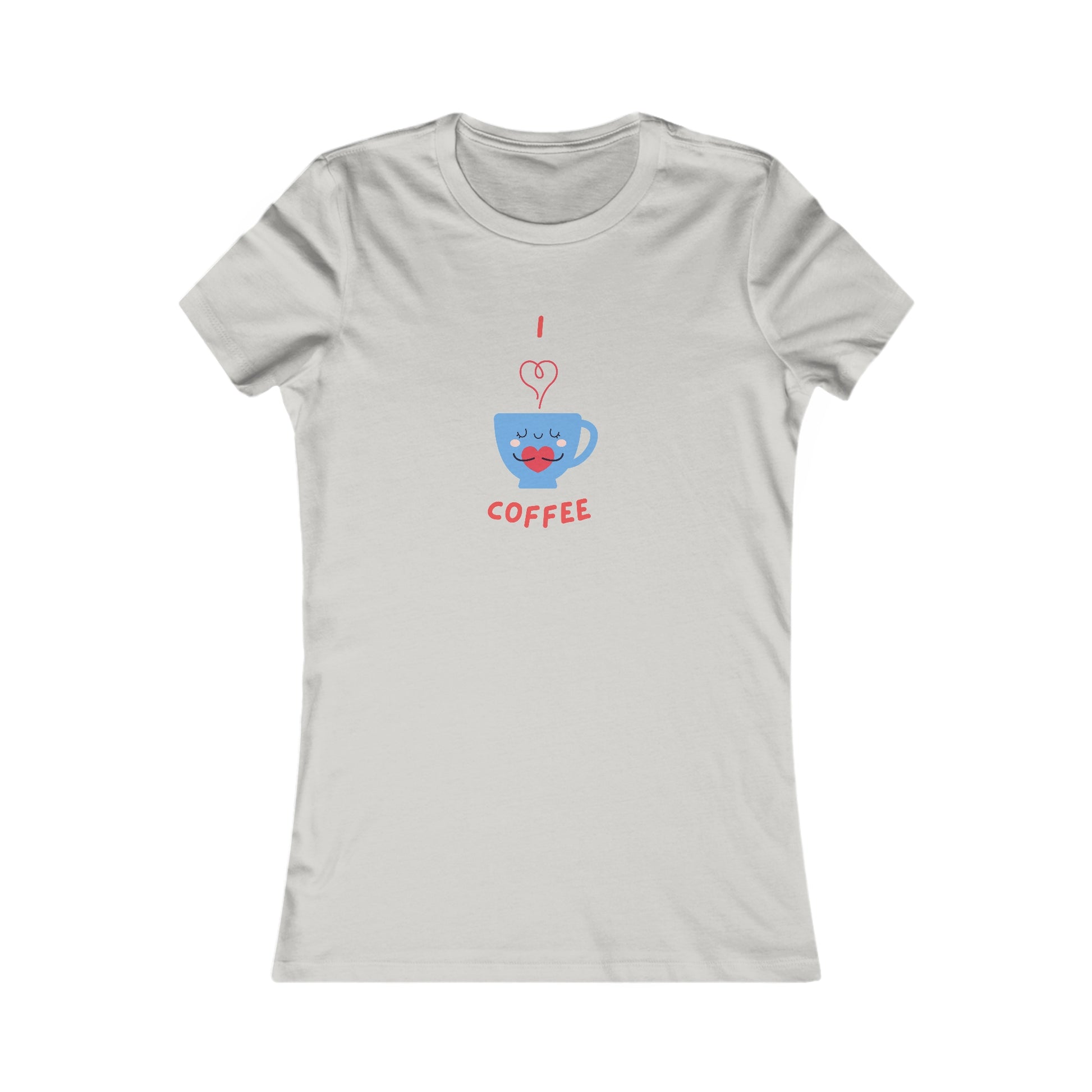 Printify white t-shirt with cute blue coffee cup and red I love coffee design for coffee and tees lovers